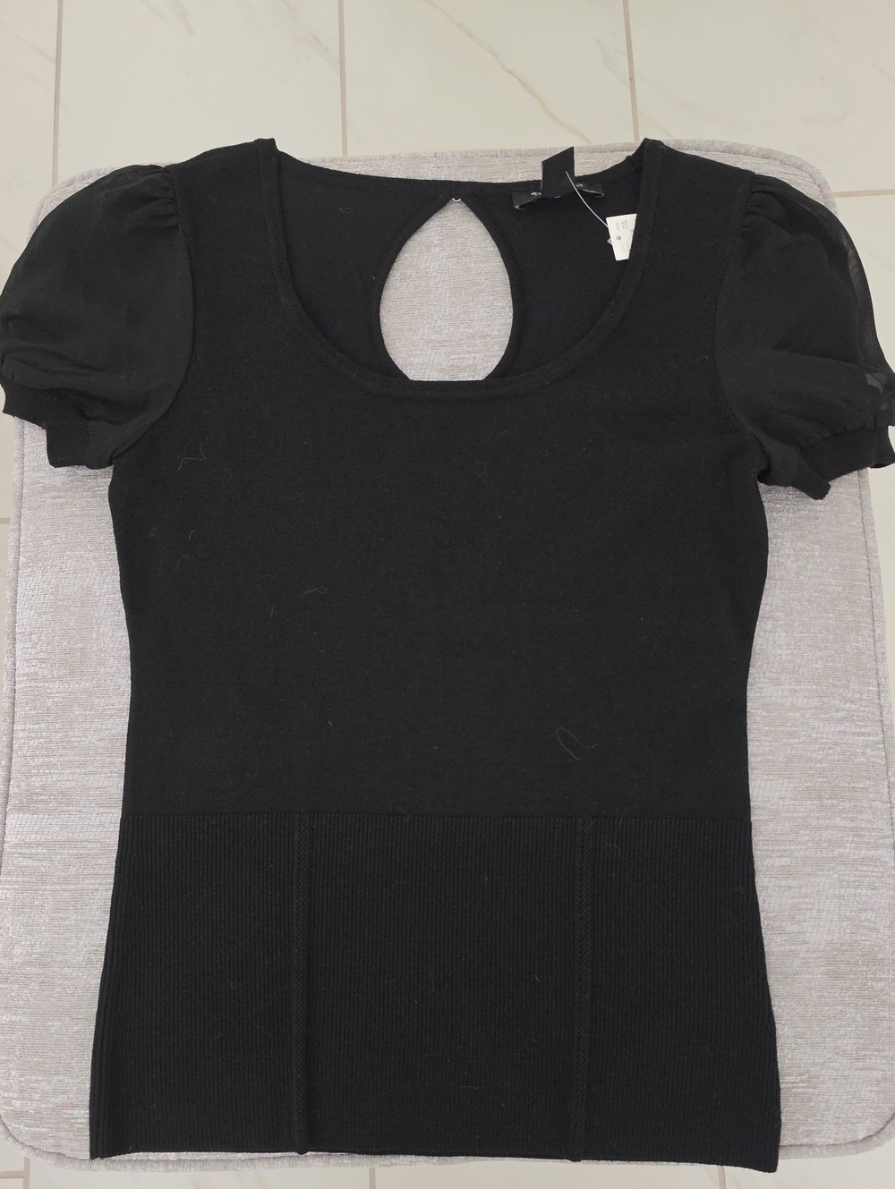 White House Black Market Black Short-Sleeve Puff Keyhole Top